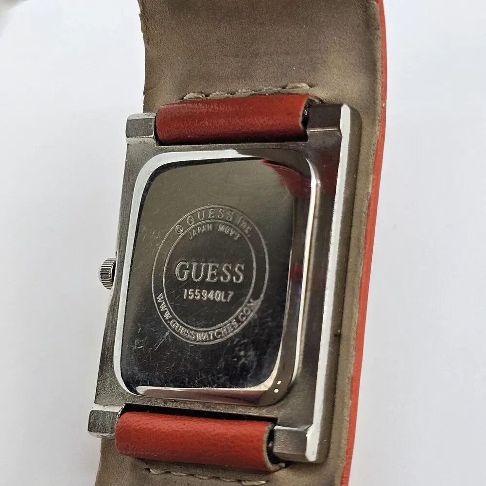 Guess Women's Watch 26MM‎ Cream Dial Orange Leather Band Strap New Battery